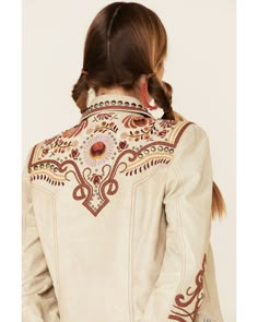 Double D Ranch Women's Cream Poco Loco Leather Jacket , Cream Bleached Jacket Design, Vintage Cowgirl Outfits, Women Jacket Outfit, Western Embroidery Designs, Women's Western Clothing, Women Western Outfits, Cowboy Leather Jacket, Western Jacket Women, Leather Jacket Patches