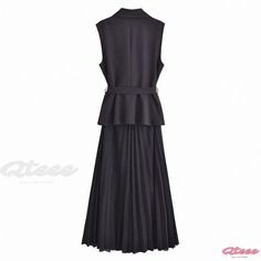 Classic Black Dress with Belted Turn-down Collar, Sleeveless Pleated Vest Style Dress Pleated Vest, Long Skirt Casual, Classic Black Dress, Suit Collar, Vest Style, Sleeveless Floral Dress, Vest Fashion, Sleeveless Vest, Types Of Skirts