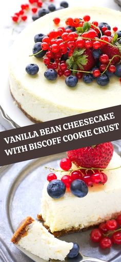 vanilla bean cheesecake with biscoff cookie crust and fresh berries on the top