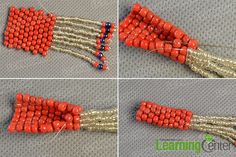 four pictures showing how to make beaded bracelets with red, white and blue beads