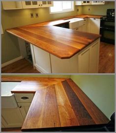 two pictures of the same kitchen counter top in different stages of being painted white and wood