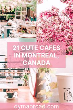 the words 21 cute cafes in montreal, canada with pink flowers and coffee cups