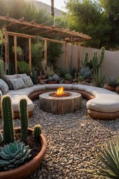 an outdoor fire pit surrounded by cactus plants and graveled ground with seating around it