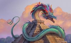 a painting of a dragon on top of a pyramid