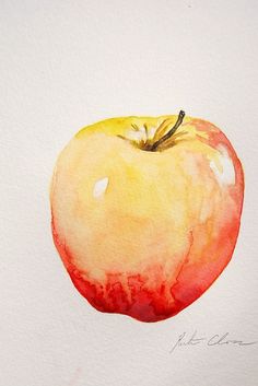 an apple painted in watercolor on white paper