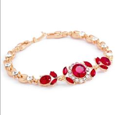 Gorgeous Austrian Red Ruby Flower Rhinestone Gold Bracelet Elegant Red Crystal Bracelet, Elegant Red Adjustable Crystal Bracelet, Red Crystal Bracelet For Party, Elegant Adjustable Red Crystal Bracelet, Elegant Red Crystal Bracelet For Weddings, Elegant Red Crystal Wedding Bracelet, Red Crystal Rhinestone Bracelet For Party, Red Crystal Bracelet With Rhinestones For Party, Red Rhinestone Crystal Bracelet For Party