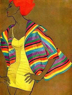 an illustration of a woman in a yellow dress and colorful striped jacket with her hands on her hips