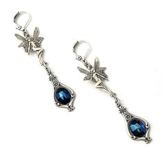 "These lovely Antique Silver Fairy Dangle Earrings are part of my \"After Midnight\" collection featuring all high quality materials including US made brass hardware, hypo-allergenic lever ear wires, and a beautiful Czech glass \"Blue Iris\" cabochon! Alternately, you can choose the black Onyx cabochon instead of blue (See 5th pic). Perfect earrings for lovers of Art Nouveau or Victorian Gothic styles. Note: Length of the long version of these earrings is 2.75 inches long from top oof ear wire t Nickel-free Fairycore Earrings For Jewelry Making, Fairycore Dangle Earrings With Ear Wire, Silver Fairy Grunge Earrings For Gift, Fairycore Nickel-free Earrings As Gift, Fairycore Nickel Free Earrings As Gift, Fairycore Nickel-free Earrings For Gift, Fairy Grunge Silver Earrings For Gift, Fairy Style Silver Earrings, Nickel-free Fantasy Drop Earrings