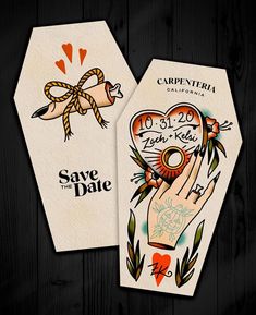 two save the date cards with tattoos on them