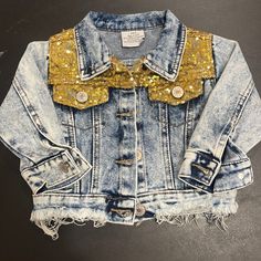 Cute Distressed Denim Jacket With Gold Sequins. Size 6-12 Months! Never Worn Cute Denim Jacket For Fall, Cute Winter Denim Jacket, Cute Medium Wash Denim Jacket, Cute Denim Blue Fall Outerwear, Cute Denim Blue Outerwear For Fall, Denim Chic, Distressed Denim Jacket, Kids Boutique, Gold Sequins