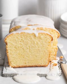 a loaf of lemon pound cake sitting on top of a counter