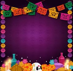 the day of the dead frame is decorated with skulls and flowers, candles and decorations