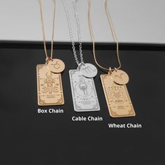 three different types of pendants on a black surface with the words box chain, cable chain, and wheat chain