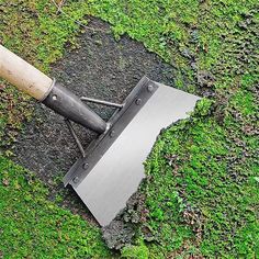 a shovel laying on the ground with moss growing around it