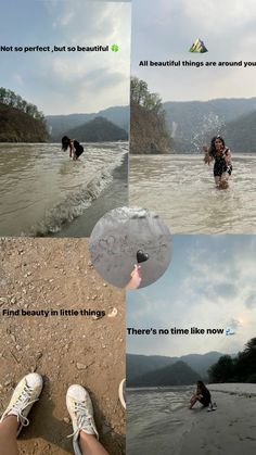 there is a woman standing in the water with her feet in the water and another person holding an umbrella