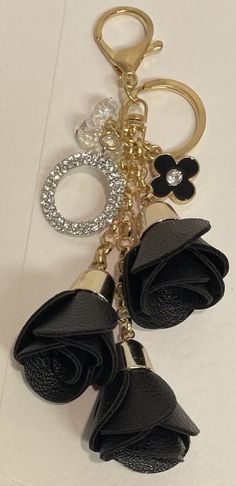 SUPER FAST FREE SHIPPING! THIS CAN BE DONE IN SILVER OR ROSE GOLD AS WELL A DEFINITE EYE CATCHER!! CHARM HAS GOLD CENTER ON ONE SIDE AND CRYSTAL CENTER ON OTHER SIDE APPROXIMATELY 7" LONG - I CAN MAKE IT SHORTER OR LONGER! JUST ASK! ABSOLUTELY STUNNING!! HANG IT IN YOUR CAR! Leather Rose, Crystal Bags, Gold Crystal, Or Rose, Tassels, Black Leather, Rose Gold, Personalized Items, Crystals