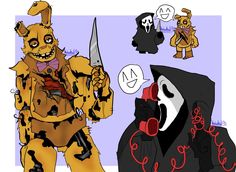 an image of a cartoon character holding a knife and wearing a costume with skulls on it