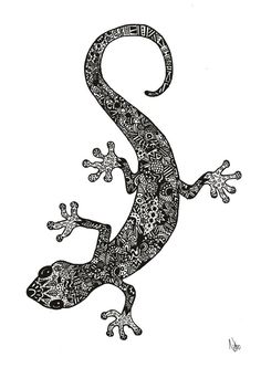 a black and white drawing of a lizard with intricate designs on it's body