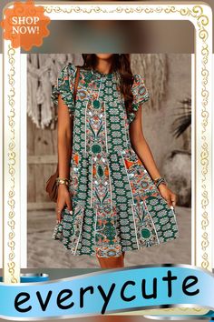 Green Bohemia Print Short Sleeve Casual Dress with Pocket Green Floral Print Shift Mini Dress, Casual Dresses For Women, Printed Shorts, Casual Dress, Casual Dresses, Womens Dresses, Green, Dresses