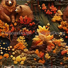 two bears in the woods surrounded by autumn leaves and acorns are depicted on this quilt