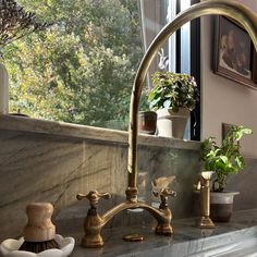 a sink with two faucets in front of a window next to a potted plant