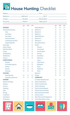 the house hunting checklist is shown in red, blue and yellow colors on a white background