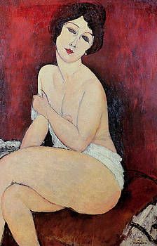 a painting of a naked woman sitting on a chair with her arms folded over her chest