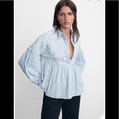 Sold Out Style Nwt Price Firm Long Sleeve Embroidered Top For Spring Daywear, Embroidered Long Sleeve Light Blue Blouse, Light Blue Embroidered Tops For Spring, Light Blue Floral Embroidered V-neck Top, Chic Blue Tops With Floral Embroidery, Zara Floral Embroidery Blouse For Spring, Casual Zara Embroidered Top For Spring, Casual Spring Embroidered Top By Zara, Zara Floral Embroidered Blouse For Spring