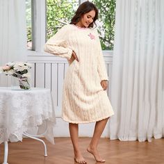 Winter Thicken Flannel Nightgown for Women Jacquard Long Sleeve Round Neck Sleepwear Warm Coral Cream Long Sleeve Sleepwear For Sleepover, Cream Nightgown For Sleepover, Cream Long Sleeve Nightgown For Loungewear, Winter Loungewear Nightgown, Cream Long Sleeve Nightgown For Bedtime, Cotton Long Sleeve Nightgown For Sleepovers, Long Winter Nightgown, Cream Long Sleeve Sleepwear For Home, Long Sleeve Cotton Nightgown