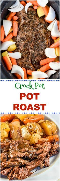 pot roast with carrots, potatoes and onions in a cast iron skillet on a white plate