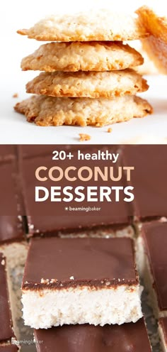 chocolate and coconut desserts stacked on top of each other with text overlay that reads 20 + healthy coconut desserts