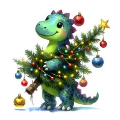 a cartoon dinosaur holding a christmas tree with ornaments on it's neck and bell around its neck