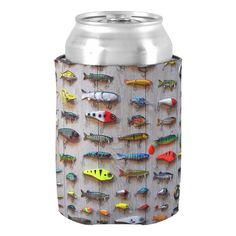 a can cooler with many different types of fishing lures on the front and sides