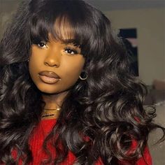 Remy Human Hair Wig Water Wave With Bangs Black Brazilian Hair 180% Density 16&quot; Clipin Hair Extensions, Natural Human Hair, Cheap Human Hair, Remy Human Hair Wigs, Hair Help, Human Hair Wig, Brazilian Human Hair, Wigs Hair Extensions, Clip In Hair Extensions