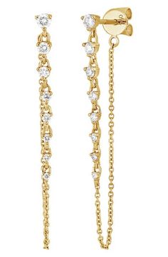 Scintillating diamonds are stationed along the front of elegant chain drop earrings in gorgeous 18-karat gold. Total diamond weight: 0.30ct. Color: G Clarity: VS 18k gold/diamond Imported >Diamond Guide Gold Linear Dangle Earrings With Diamond Accents, Gold Linear Earrings With Diamond Accents, Elegant Gold Chain Linear Drop Earrings, Gold Linear Earrings With Diamond Accents For Evening, Elegant Gold Chain Drop Earrings, Gold Linear Earrings With Delicate Chain For Formal Events, Formal Gold Linear Earrings With Delicate Chain, Yellow Gold Linear Earrings For Formal Occasions, Formal Yellow Gold Linear Earrings With Adjustable Chain