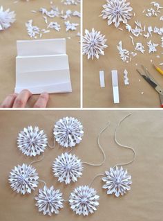 paper snowflakes are being made with scissors and glue, then cut into smaller pieces