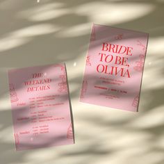 two pieces of pink paper with the words bride to be oliva on them