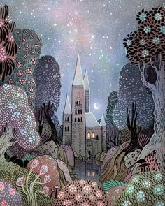 a painting of a castle surrounded by trees and flowers with stars in the sky above