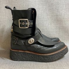 These Coach Creepers Are Super Cool And In Great Condition! Please See All Photos For Condition. Edgy Black Moto Boots With Rubber Sole, Black Leather Moto Boots With Platform, Black Boots With Stitched Sole And Closed Toe, Black Closed Toe Boots With Stitched Sole, Edgy Black Moto Boots With Leather Sole, Casual Black Moto Boots With Rubber Sole, Black Platform Moto Boots With Flat Heel, Black Moto Boots With Leather Sole And Flat Heel, Black Moto Boots With Leather Footbed For Streetwear