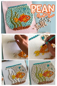 the instructions to make bead art for kids with beads and stones, including an orange fish