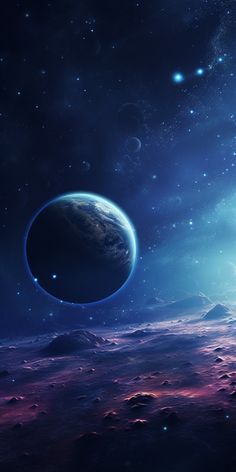 an artist's rendering of a distant planet in the sky with stars around it