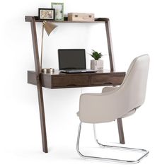 a computer desk with a laptop on it and a white chair in front of it