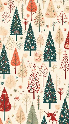 an image of christmas trees and deers on a white background with red, green, blue