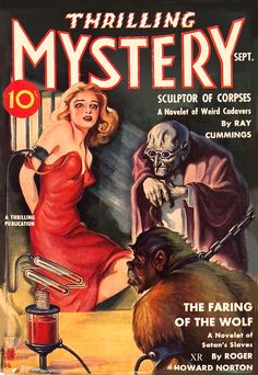 an old book cover with a woman in a red dress next to a creepy creature