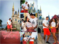 a man and woman standing in front of a castle with the words disney world on it