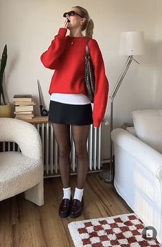 Cute Winter Outfits Skirt Tights, Plaided Skirt Outfit Ideas, Holiday Colors Outfit, Styling Mini Skirt Winter, December Fashion Outfits, Autumn Fits Skirts, Chic Mini Skirt Outfit, Red Button Sweater Outfit, Vintage Preppy Fashion