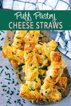 A board full of cheese straws with a text overlay title.