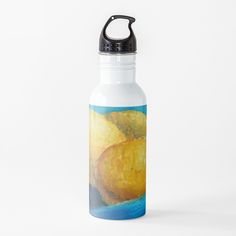 a close up of a water bottle on a white background with an image of some food