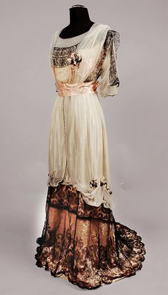 Edwardian Gown, Paris, 1908    Silk, chiffon, lace, crystal beads, paste stones, ribbons, silk flowers. 1908 Dress, Edwardian Evening Gown, 1908 Fashion, Belle Epoque Fashion, Historical Gowns, 1900s Fashion