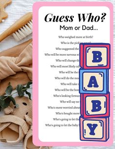 a mother's day card with the words guess who? and baby blocks next to it